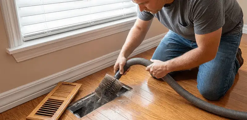 Air duct cleaning technician vacuuming a floor vent and duct opening in Little Rock, AR
