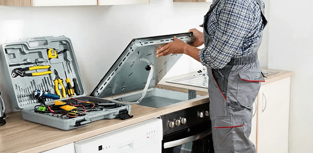 Handyman repairing a cooktop and checking wiring connections in Little Rock, AR