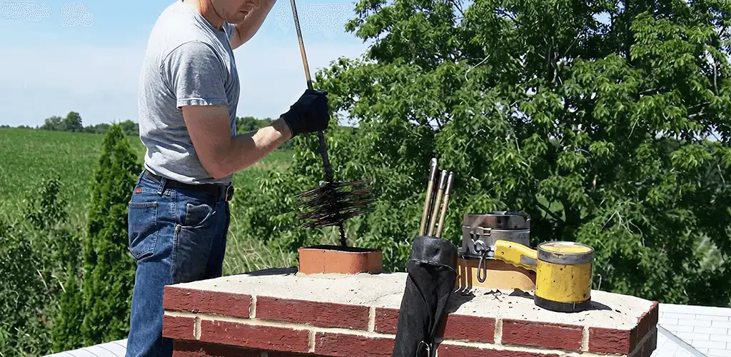 Chimney cleaning technician working on a rooftop chimney with professional tools in Little Rock, AR