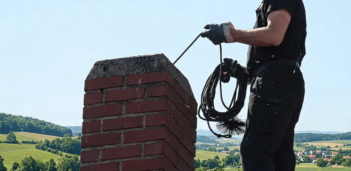 Chimney sweep inspecting and cleaning a rooftop chimney in Little Rock, AR