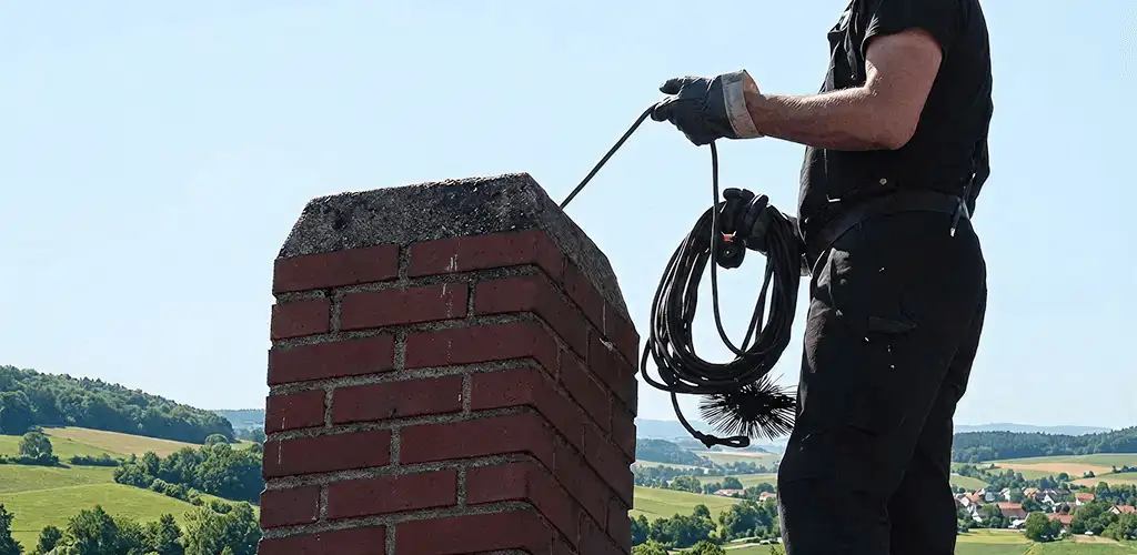 Chimney sweep inspecting and cleaning a rooftop chimney in Little Rock, AR
