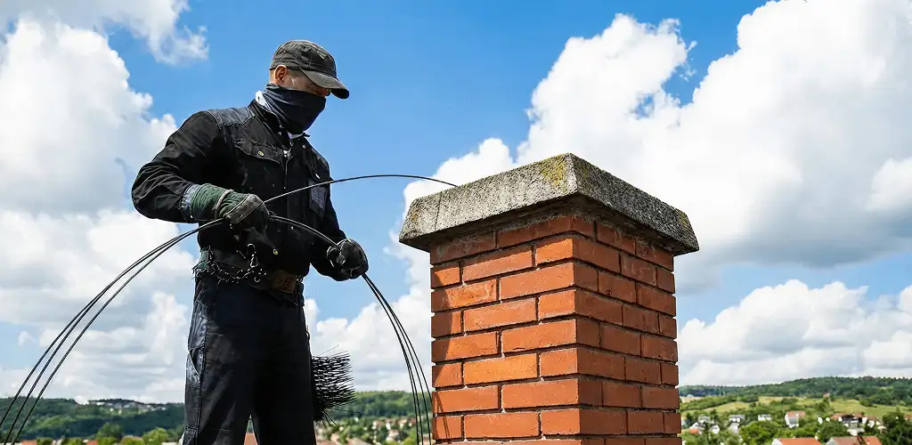 Chimney sweep cleaning a brick chimney with professional tools in Little Rock, AR