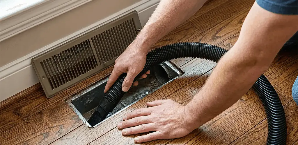 Air duct cleaning technician vacuuming a floor register and duct opening in Little Rock, AR