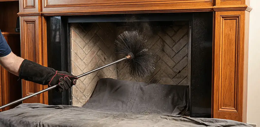 Chimney cleaning service brushing soot from a fireplace and flue in Little Rock, AR