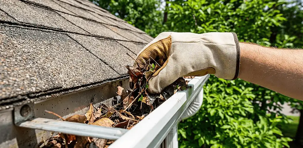 Gutter cleaning removing leaves and debris from roof gutters in Little Rock, AR