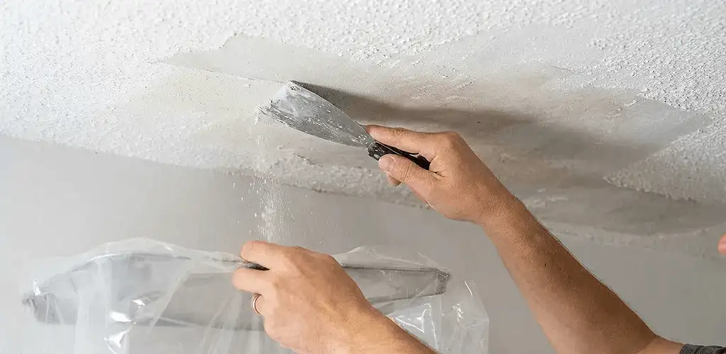 Popcorn ceiling removal technician scraping texture from a ceiling in Little Rock, AR