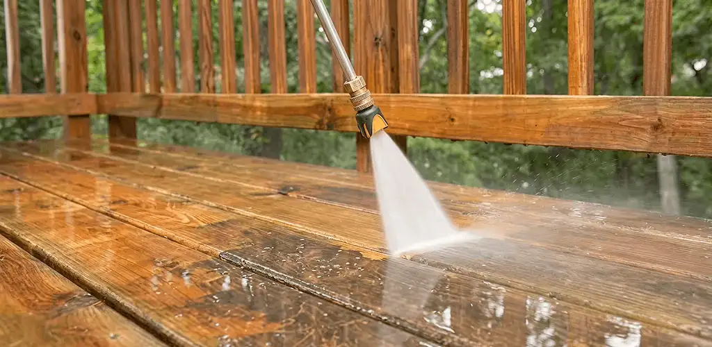 Pressure washing a wood deck to remove dirt and buildup in Little Rock, AR