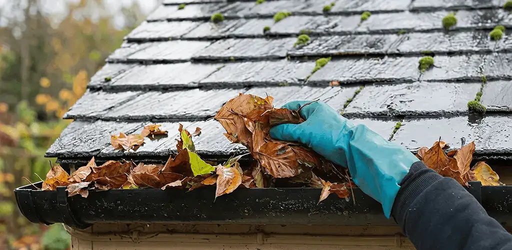 Gutter cleaning technician clearing wet leaves from roof gutters in Little Rock, AR