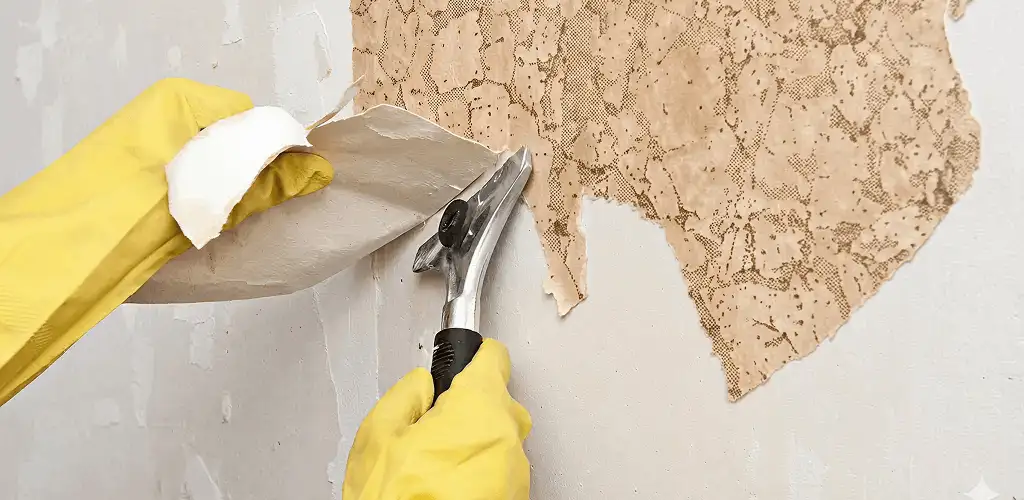 Wallpaper removal service stripping old wallpaper from a wall in Little Rock, AR