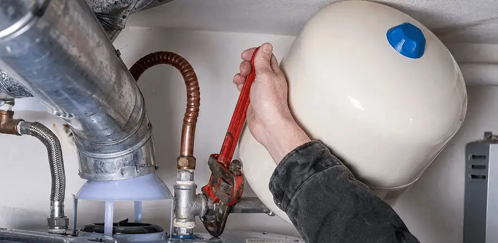 Water heater repair technician tightening plumbing connections near a tank unit in Little Rock, AR