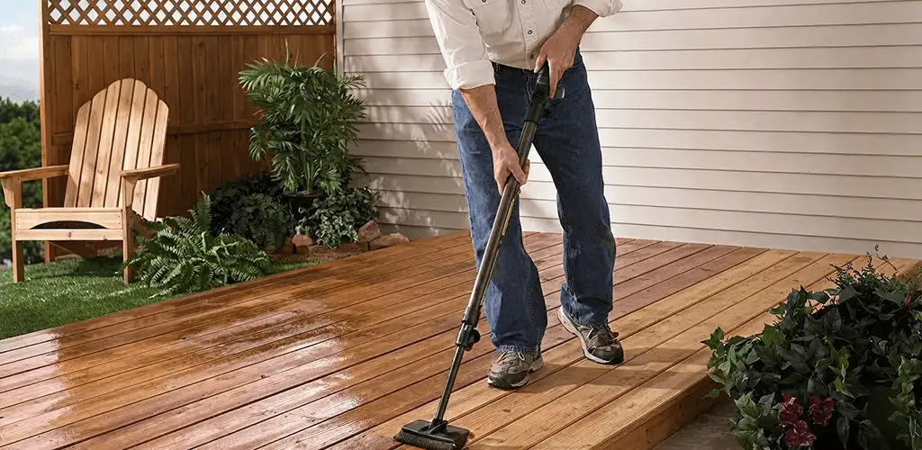 Deck staining service applying stain to a backyard wood deck in Little Rock, AR